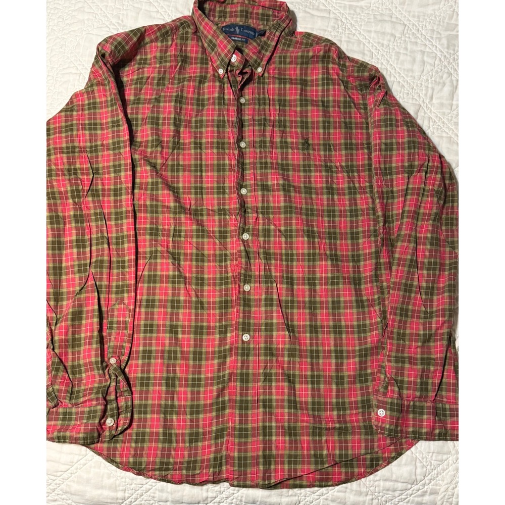 Ralph Lauren Button Down Shirt Mens XXL Red Olive Green Plaid Classic Fit